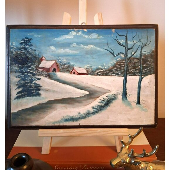 Vintage Winter Landscape Oil Painting On Wood Rustic Mid-Century 12.75" x 8.5" - Picture 2 of 9